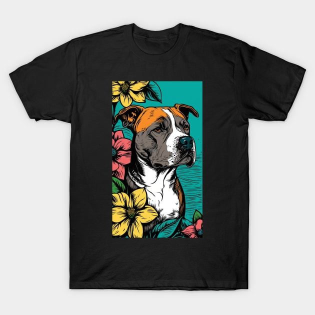 American Staffordshire Terrier PitBull Dog Vibrant Tropical Flower Tall Retro Vintage Digital Pop Art Portrait 4 T-Shirt by ArtHouseFlunky